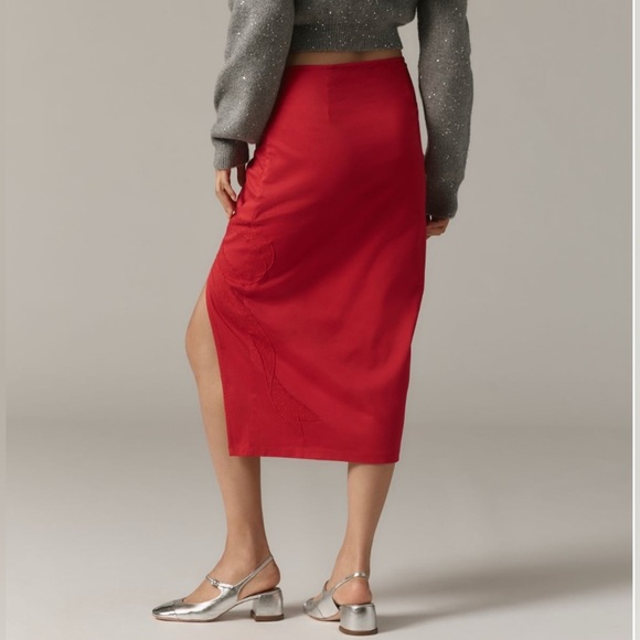 Anthropologie Maeve Red Bow Embroidered Midi Pencil Skirt Size M - Picture 13 of 14